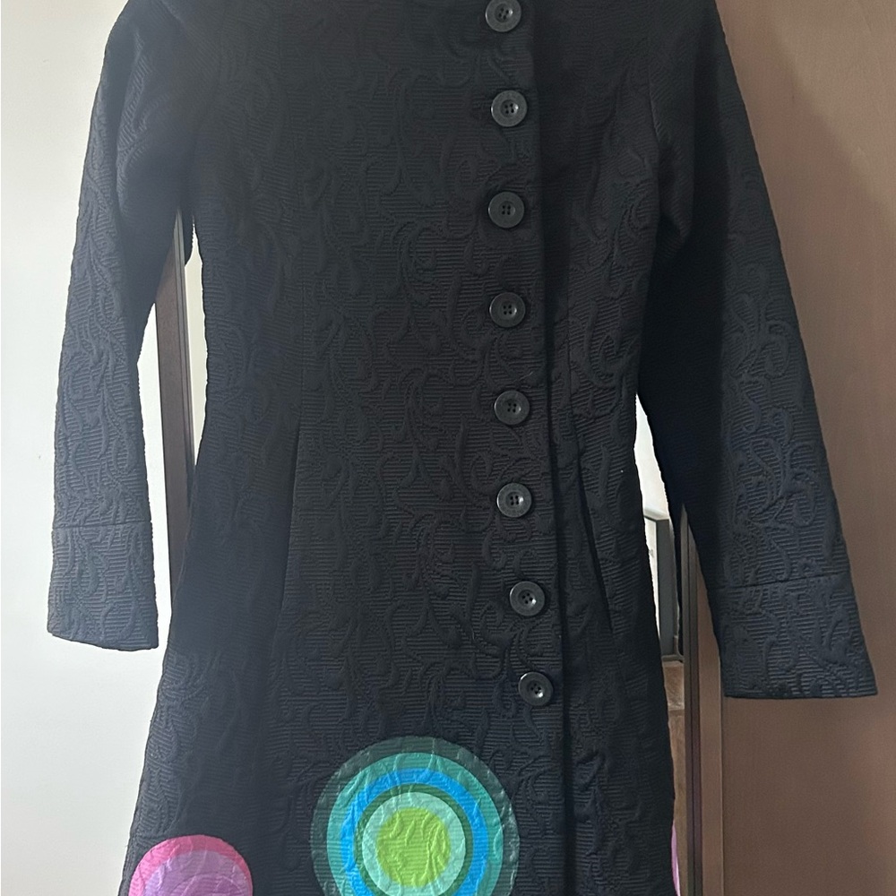 Desigual Black Textured Coat with Colorful Accents